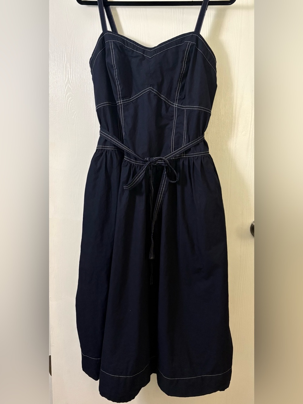 Navy Spaghetti-Strap Midi Dress with Contrast Stitching